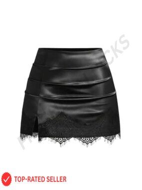 Satin Lace Trim Mini Skirt Plus Size Sexy Patchwork Party Skirt